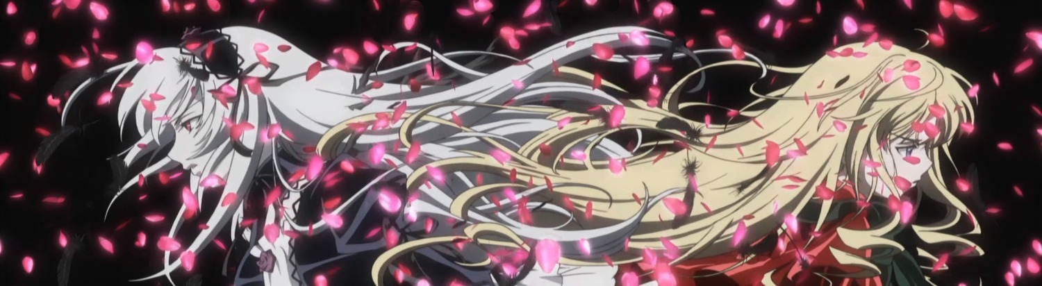 2girls eyebrows_visible_through_hair floating_hair image long_hair multiple_girls pair petals shinku suigintou very_long_hair wind