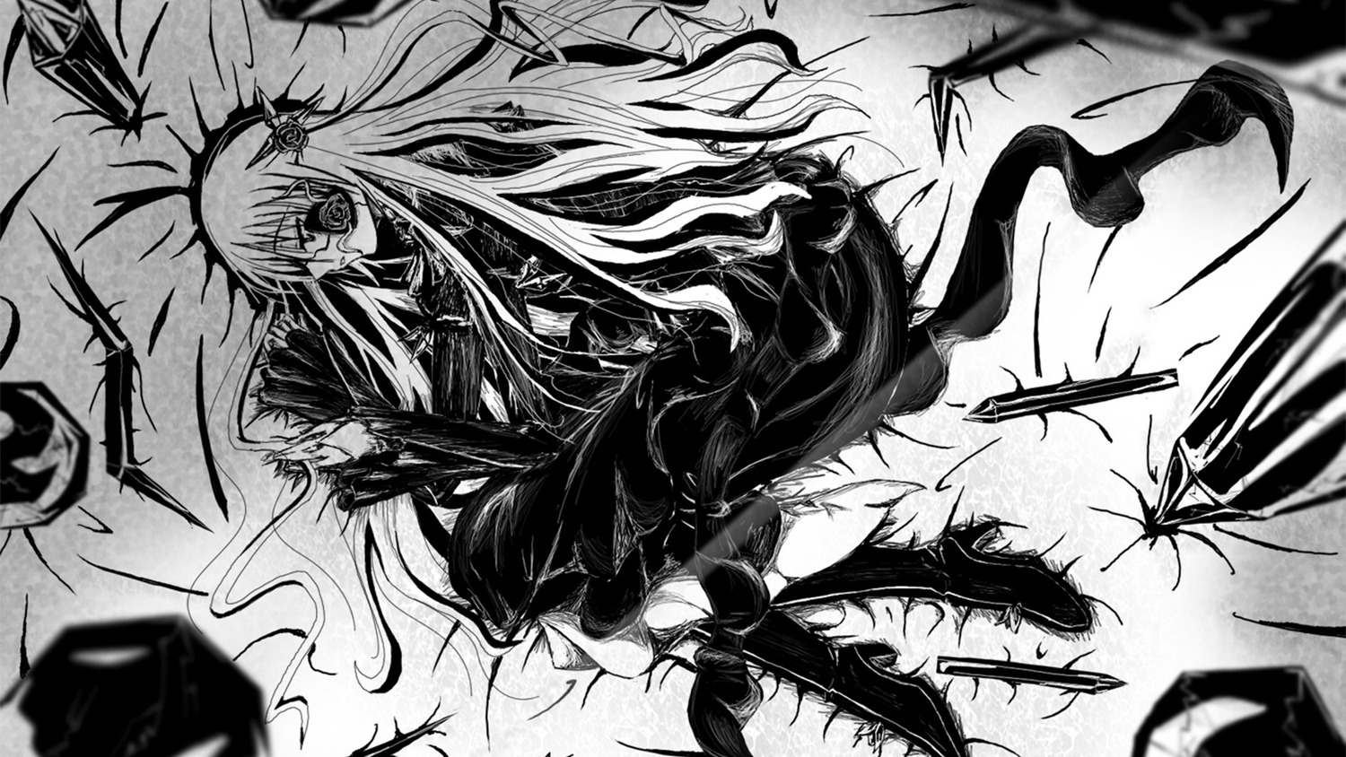 1girl barasuishou dress greyscale hata_no_kokoro image long_hair looking_at_viewer mask monochrome polearm solo weapon