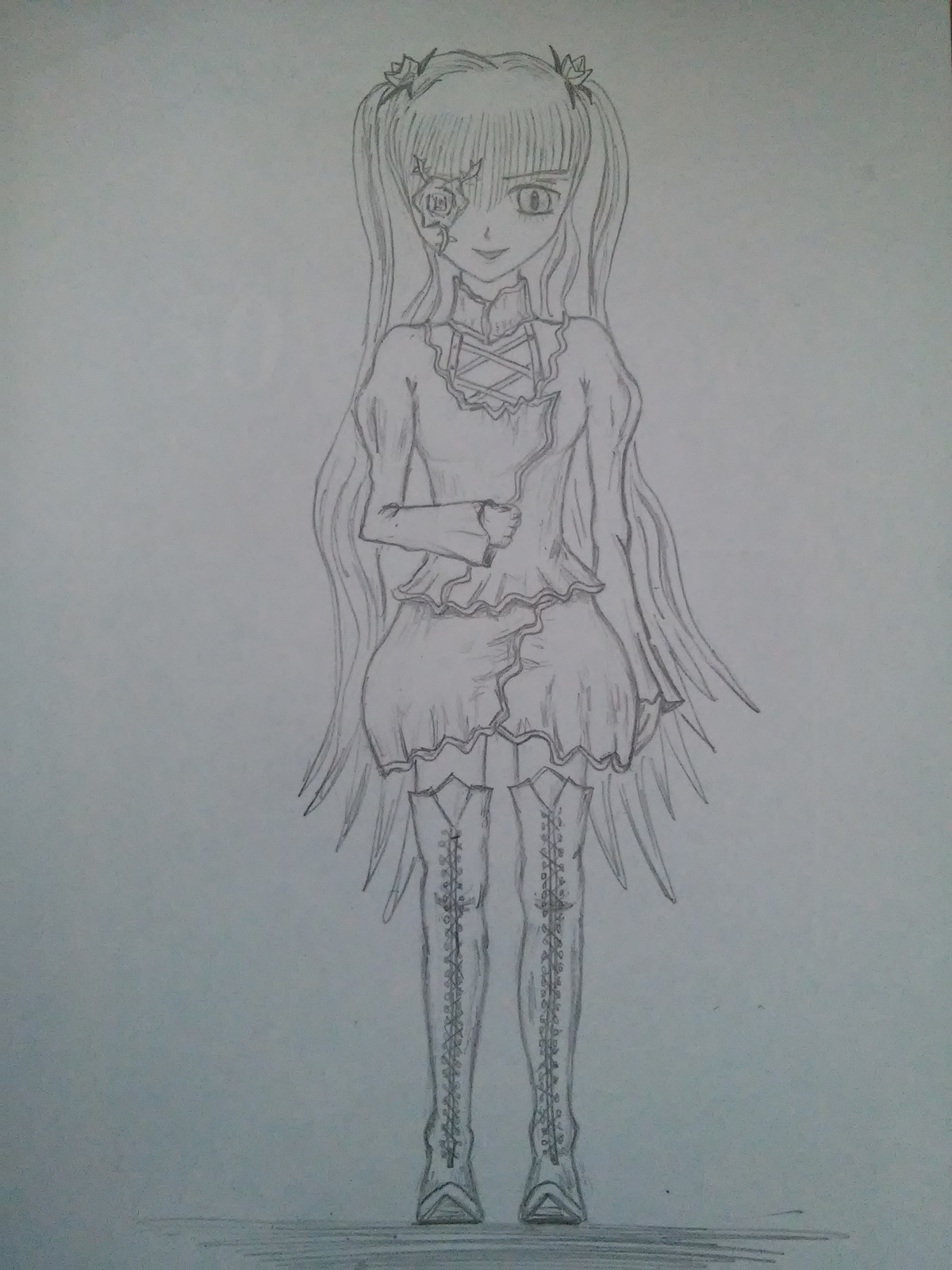 1girl boots dress full_body hair_ornament image kirakishou long_hair monochrome solo standing thigh_boots thighhighs traditional_media very_long_hair zettai_ryouiki