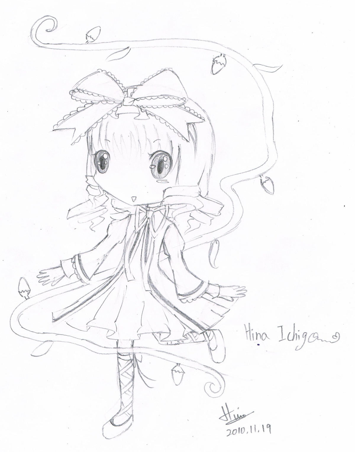 1girl artist_name blush bow dated dress drill_hair full_body hinaichigo image long_hair long_sleeves looking_at_viewer monochrome ribbon signature solo standing striped twin_drills