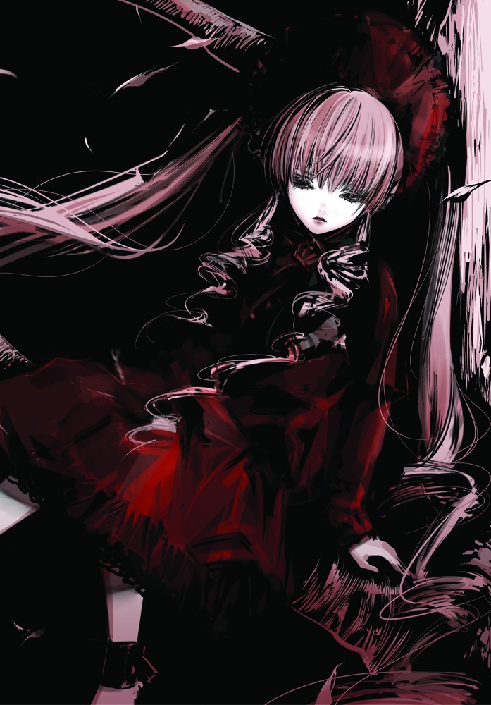 1girl dress drill_hair flower gothic_lolita image lolita_fashion long_hair long_sleeves petals pink_hair rose shinku solo standing twintails very_long_hair
