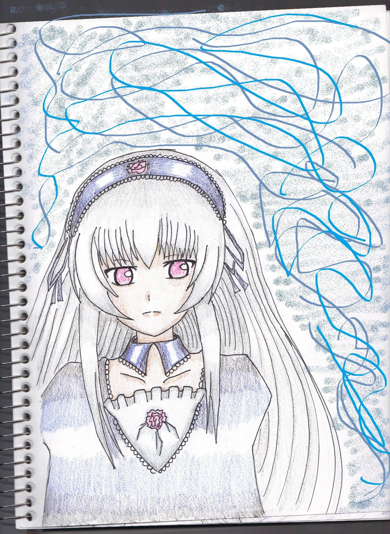 1girl auto_tagged choker collarbone detached_collar dress frills hairband image long_hair looking_at_viewer pink_eyes simple_background solo suigintou traditional_media white_background