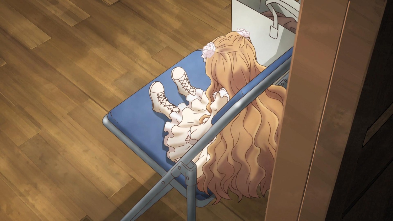 1girl blonde_hair chair dress flower hair_flower hair_ornament image kirakishou long_hair sitting solo very_long_hair wavy_hair white_flower white_footwear wooden_floor