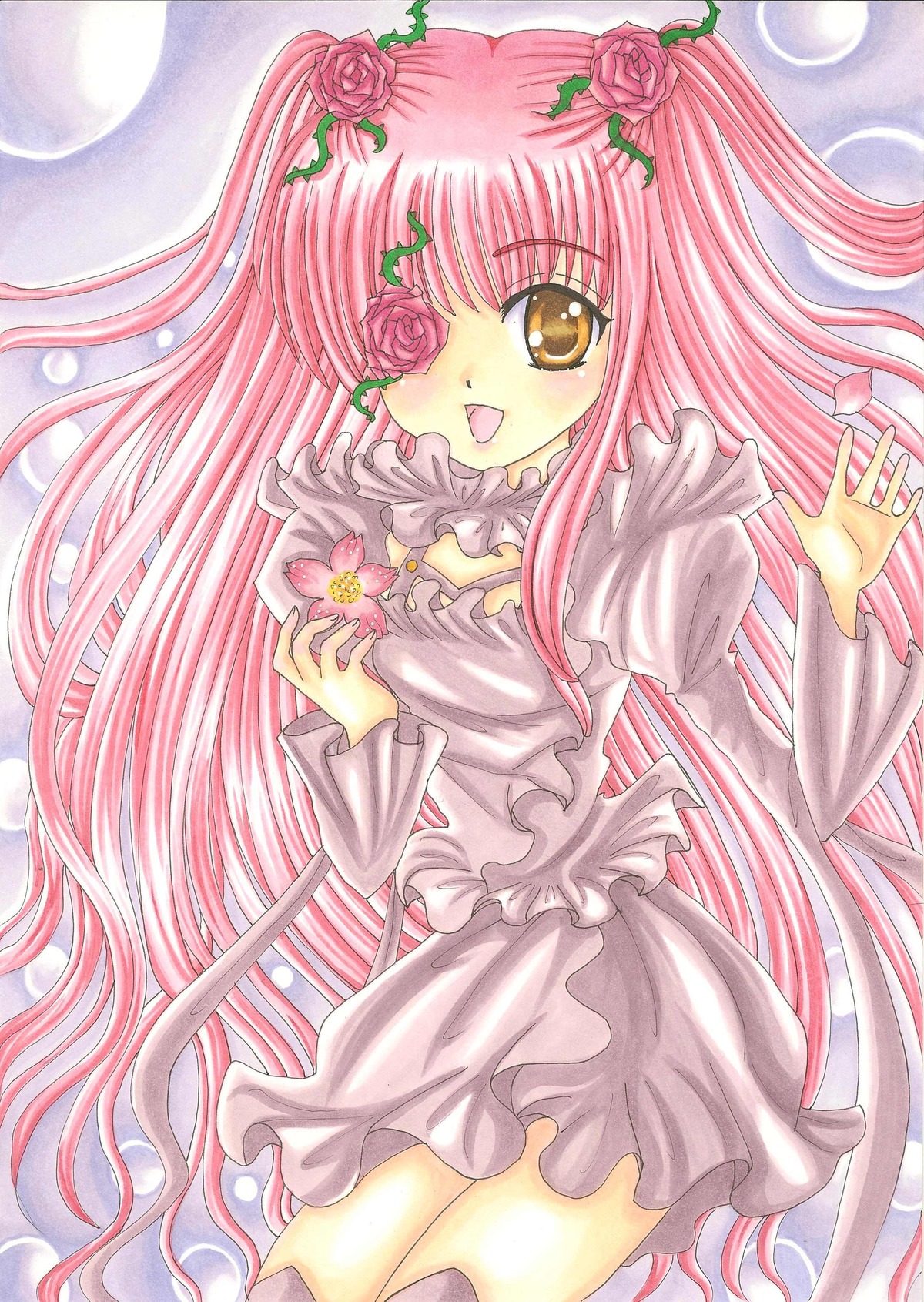 1girl brown_eyes dress flower frills hair_ornament image kirakishou long_hair long_sleeves marker_(medium) pink_flower pink_hair pink_rose rose smile solo thighhighs traditional_media very_long_hair