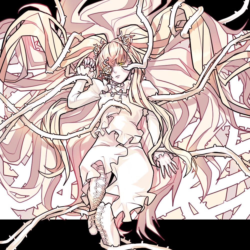 1girl absurdly_long_hair bare_shoulders bow dress eyepatch flower frills hair_flower hair_ornament image kirakishou long_hair rose solo transparent_background very_long_hair yellow_eyes