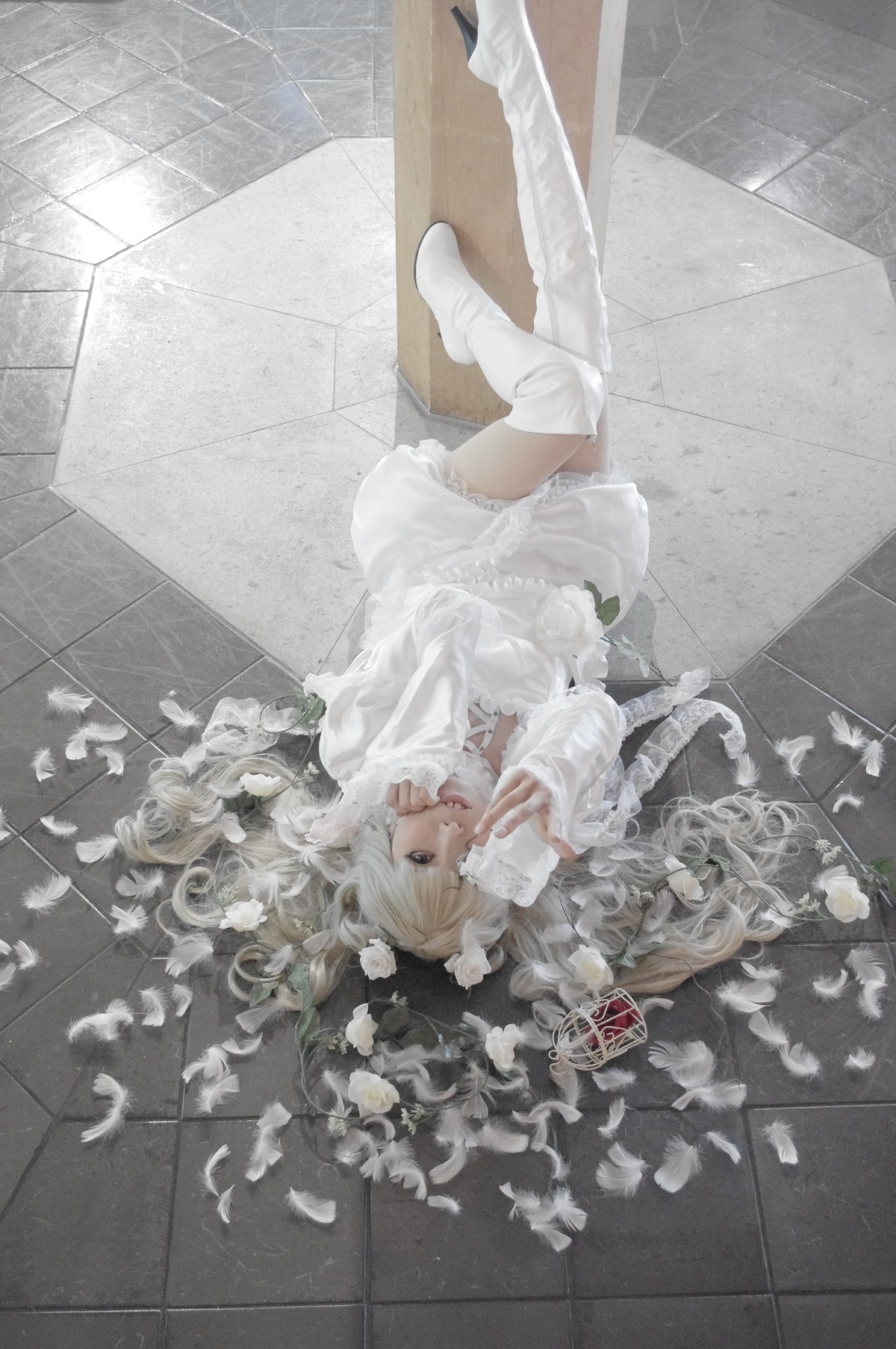1girl boots checkered dress flower kirakishou long_hair lying solo tile_floor tiles white_dress white_flower white_footwear white_rose