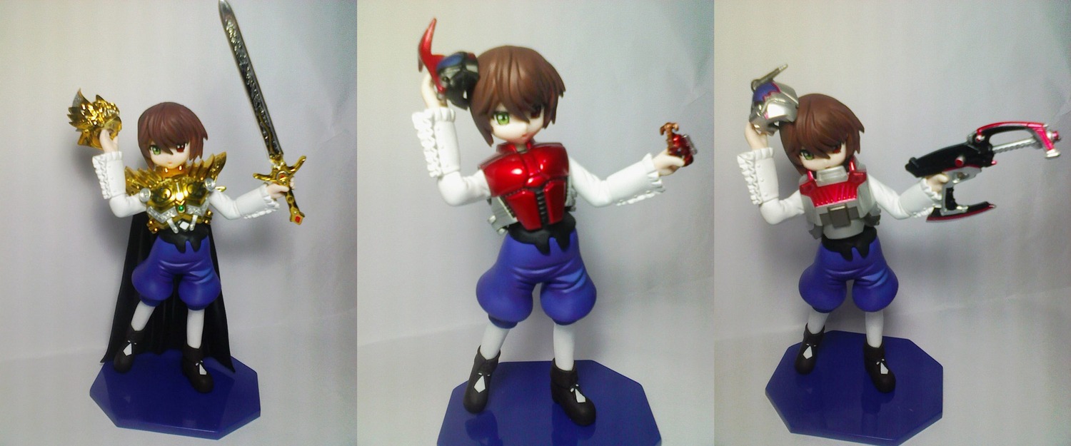 1girl armor brown_hair doll green_eyes gun multiple_boys pantyhose short_hair solo souseiseki sword weapon