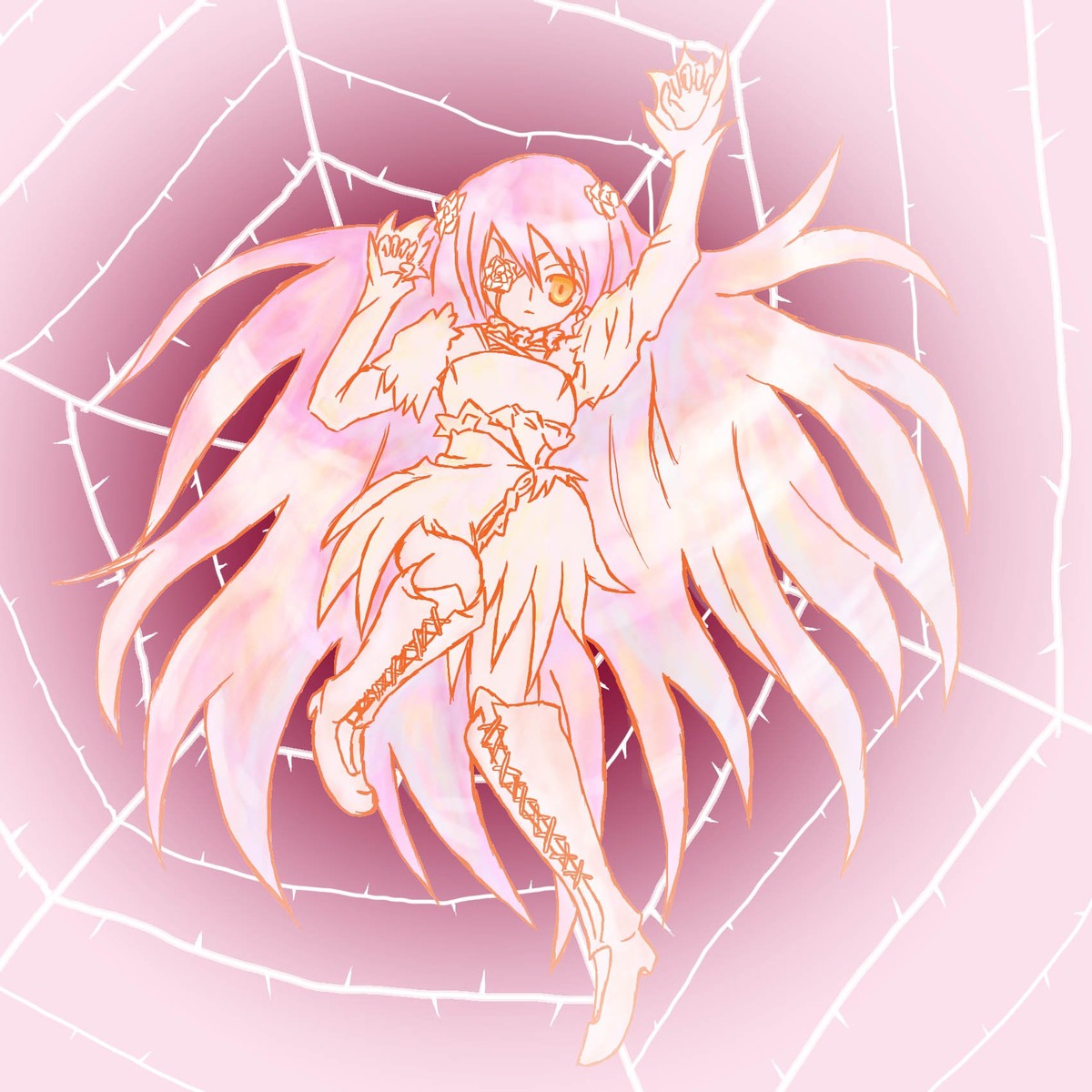 1girl bare_shoulders boots bow choker dress elbow_gloves gloves hair_bow image kaname_madoka kirakishou long_hair pink_hair solo thighhighs two_side_up ultimate_madoka