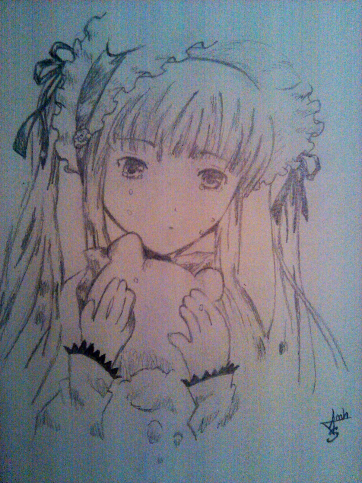 1girl auto_tagged bangs dress eyebrows_visible_through_hair hairband holding image long_hair looking_at_viewer monochrome ribbon shinku signature simple_background solo traditional_media upper_body