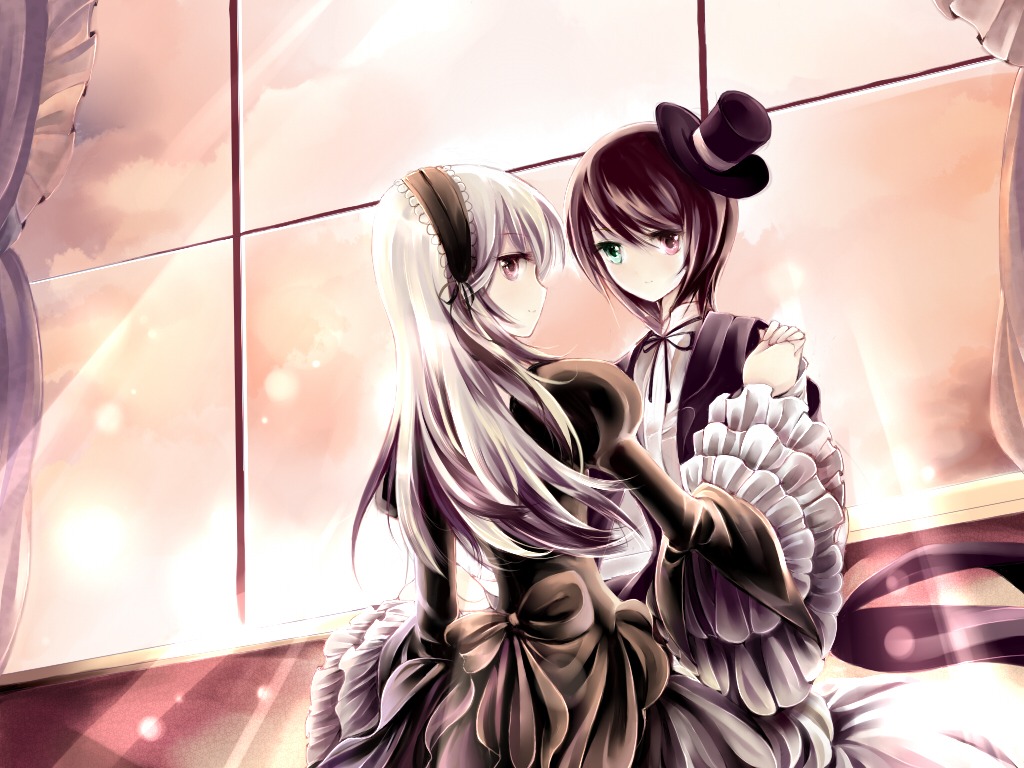 2girls argyle argyle_background brown_hair checkered checkered_background checkered_floor dress frills gothic_lolita green_eyes hairband hat heterochromia holding_hands image lolita_fashion long_hair long_sleeves looking_at_viewer mini_hat mini_top_hat multiple_girls pair red_eyes souseiseki suigintou tile_floor tiles top_hat yuri