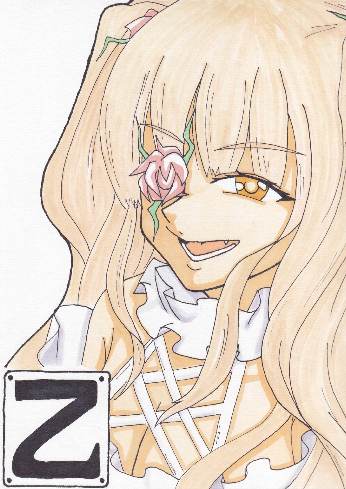 1girl dress flower hair_flower hair_ornament image kirakishou long_hair open_mouth rose slit_pupils smile solo traditional_media yellow_eyes