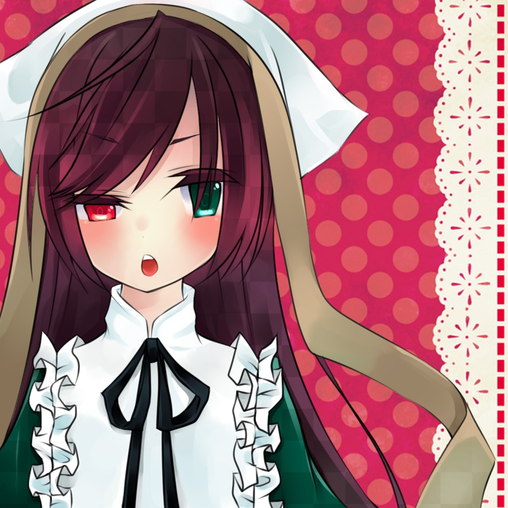 1girl blush frills green_eyes halftone halftone_background head_scarf heterochromia image long_hair looking_at_viewer open_mouth polka_dot polka_dot_background polka_dot_dress red_eyes solo suiseiseki