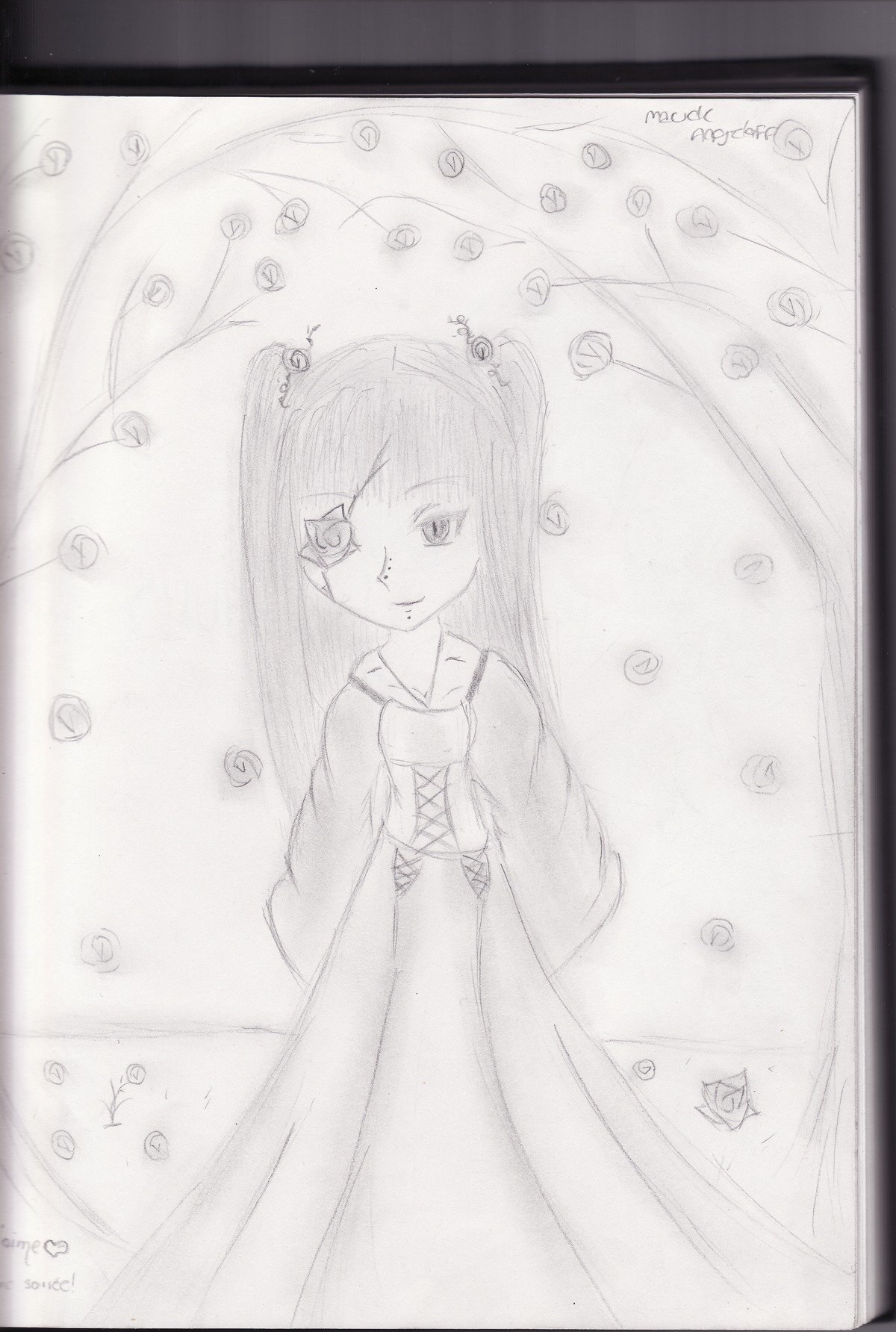 1girl air_bubble auto_tagged bubble dress greyscale hair_ornament image kirakishou long_hair long_sleeves looking_at_viewer monochrome smile solo traditional_media