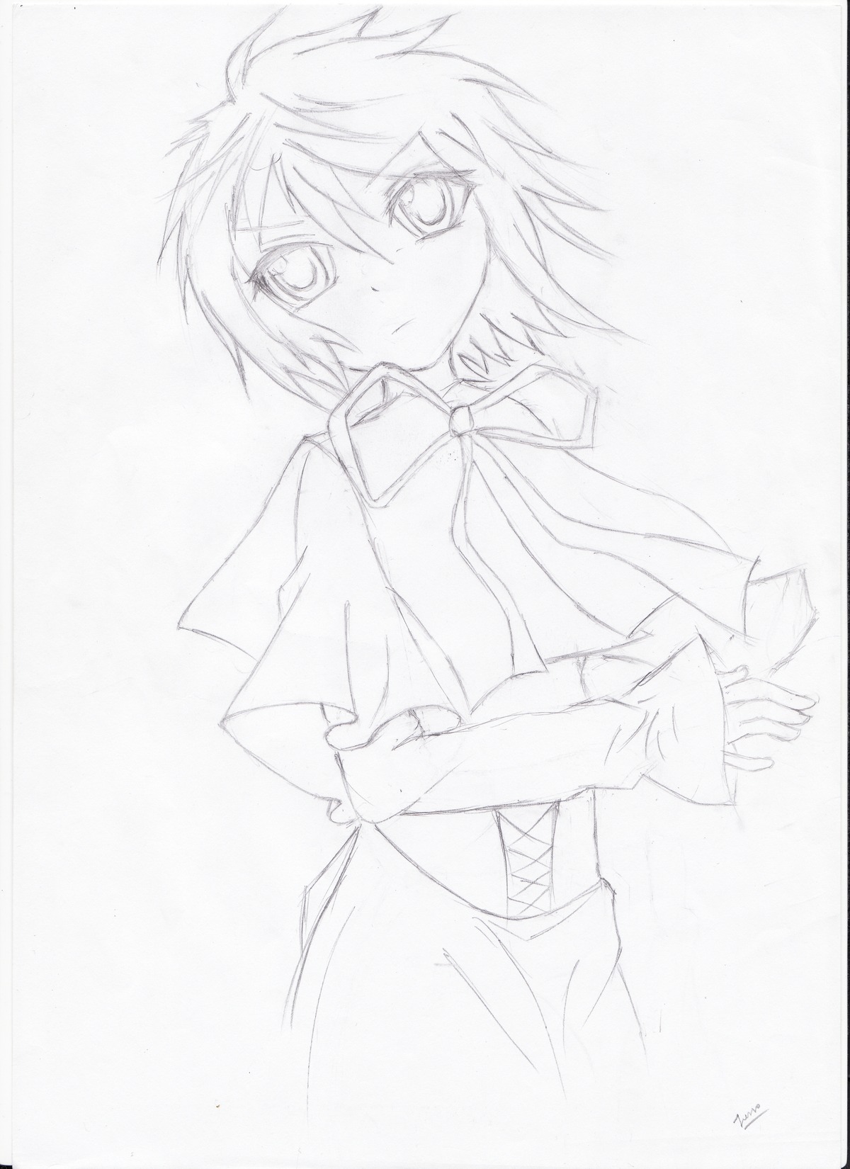 1girl blush cape capelet image long_sleeves looking_at_viewer monochrome ribbon short_hair skirt solo souseiseki