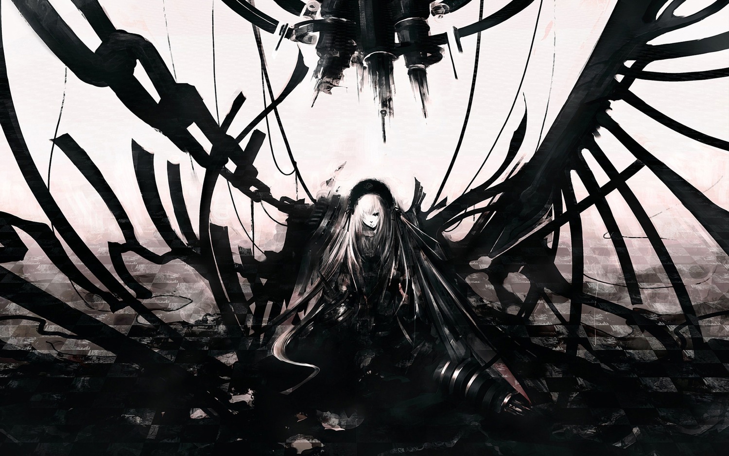 1girl black_rock_shooter commentary_request highres image iori_yakatabako long_hair monochrome parody partial_commentary photoshop_(medium) rozen_maiden solo suigintou very_long_hair white_hair