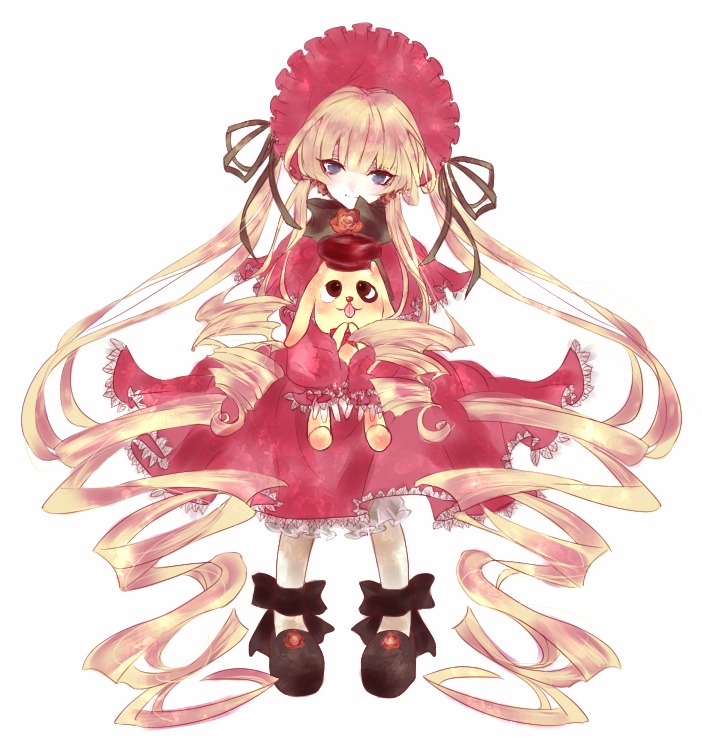 1girl blonde_hair blue_eyes blush bonnet bow dress drill_hair full_body image long_hair long_sleeves pink_bow red_dress ringlets shinku shoes simple_background solo twin_drills twintails very_long_hair white_background