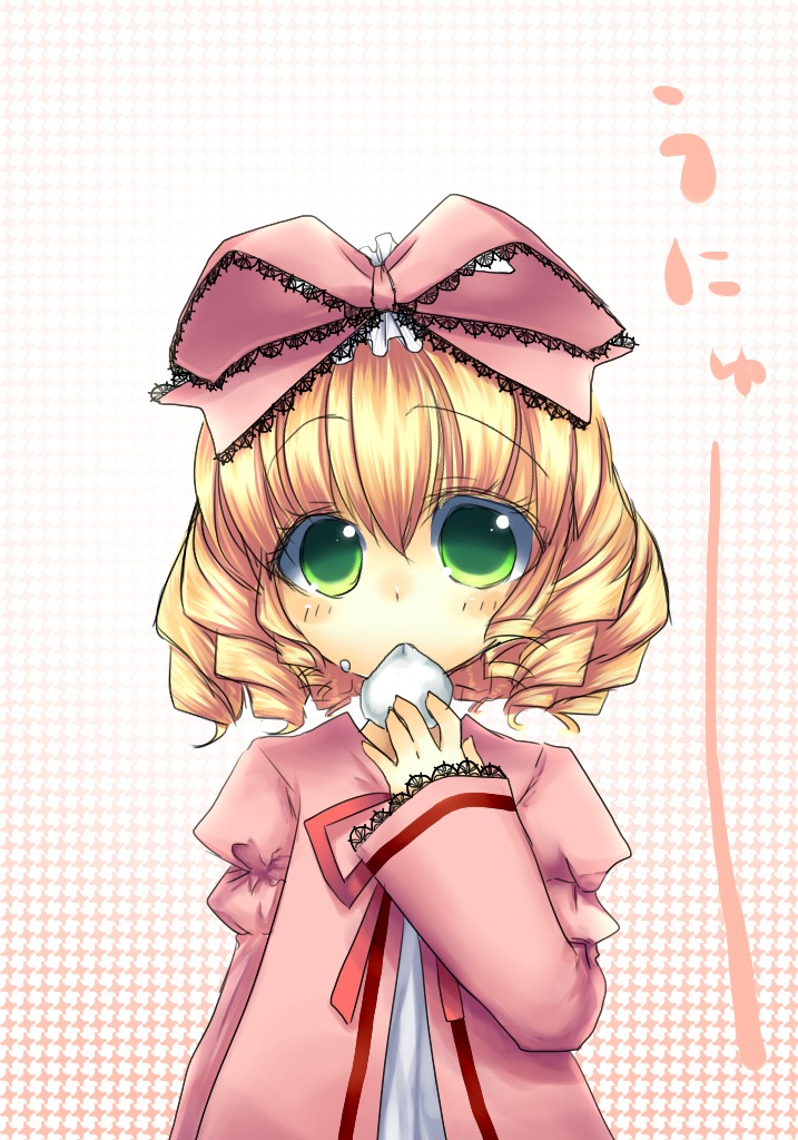 1girl aobara argyle_background blonde_hair bow checkered checkered_background checkered_floor commentary_request dress drill_hair eating food green_eyes halftone halftone_background hina_ichigo hinaichigo image long_sleeves looking_at_viewer pink_bow pink_dress plaid_background polka_dot polka_dot_background rozen_maiden short_hair solo unyu