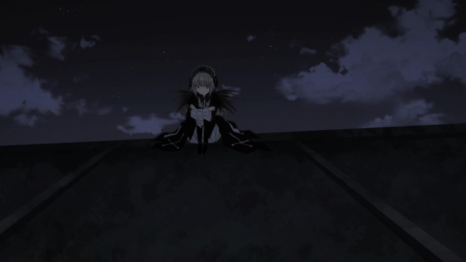 1girl black_wings cloud hat image long_hair monochrome night sitting sky solo suigintou wings