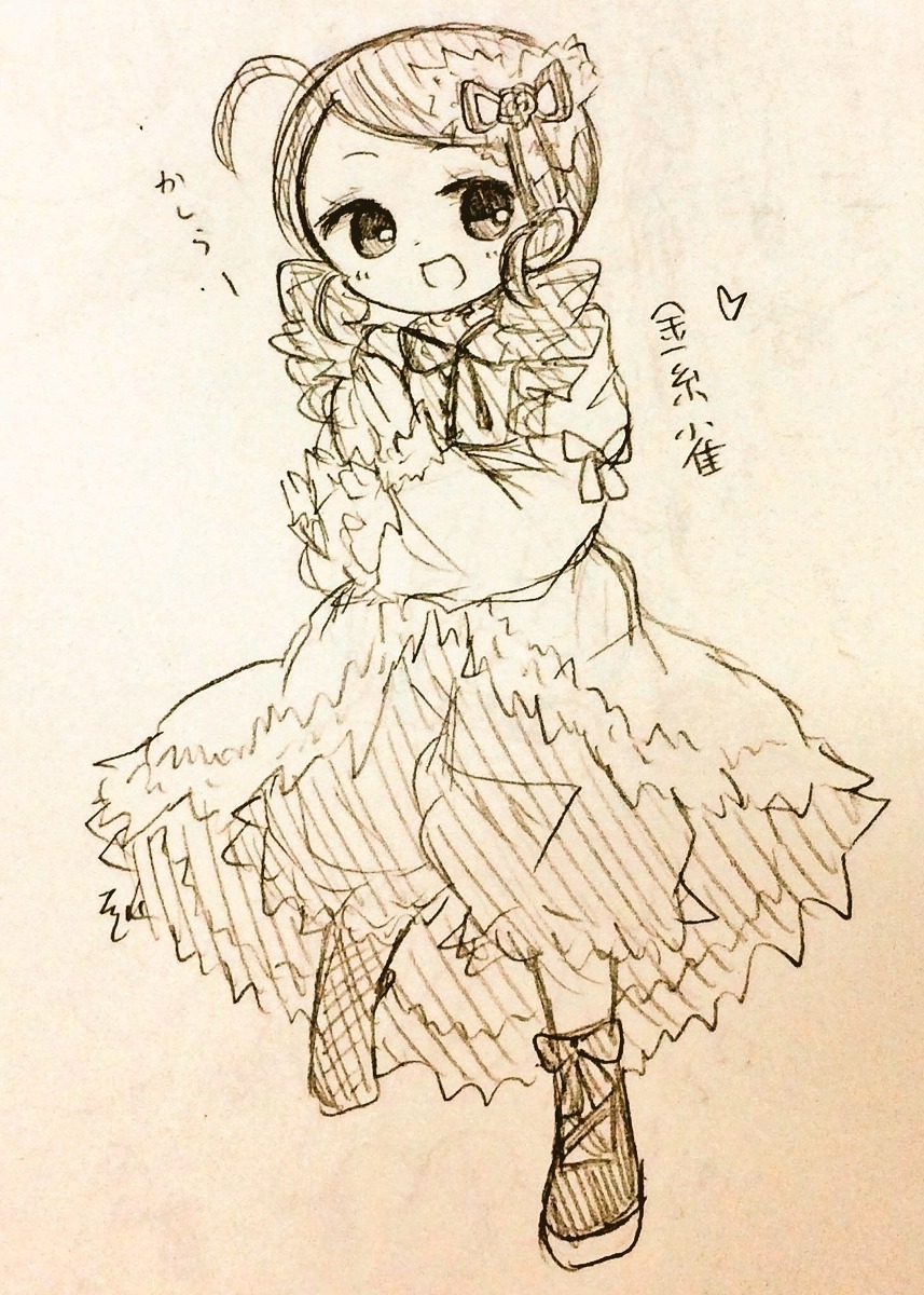 1girl :d blush bow cross-laced_footwear dress drill_hair full_body hair_ornament heart image kanaria long_sleeves monochrome open_mouth sleeves_past_wrists smile solo