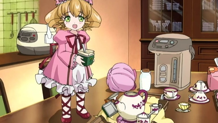 1girl :d blonde_hair book bow chair cup dress food green_eyes hina_ichigo hinaichigo image indoors mug open_mouth pink_bow pink_dress smile solo table teacup teapot twintails