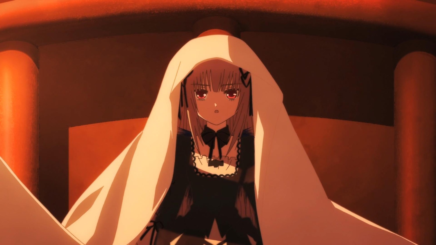 1girl bangs black_dress curtains dress eyebrows_visible_through_hair image indoors long_hair looking_at_viewer ribbon sleeveless solo suigintou