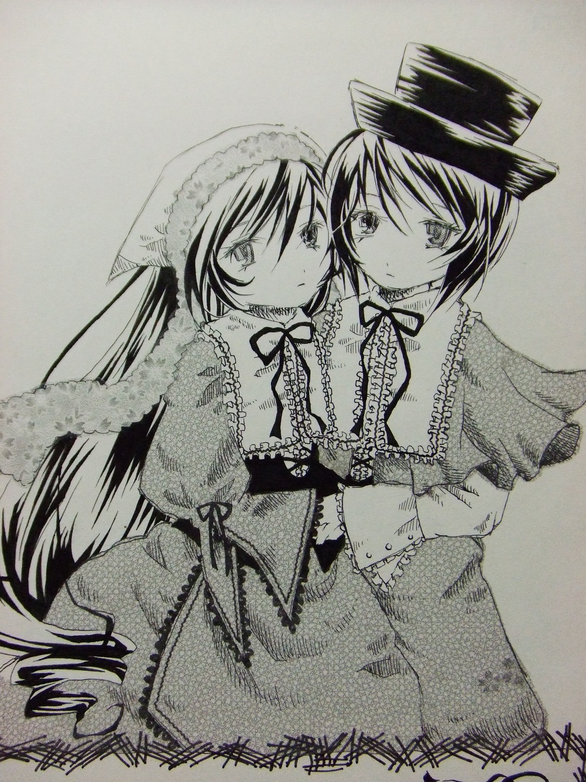 2girls blush capelet dress frills greyscale hat image long_hair long_sleeves looking_at_viewer monochrome multiple_girls neck_ribbon pair ribbon short_hair siblings sisters souseiseki suiseiseki very_long_hair