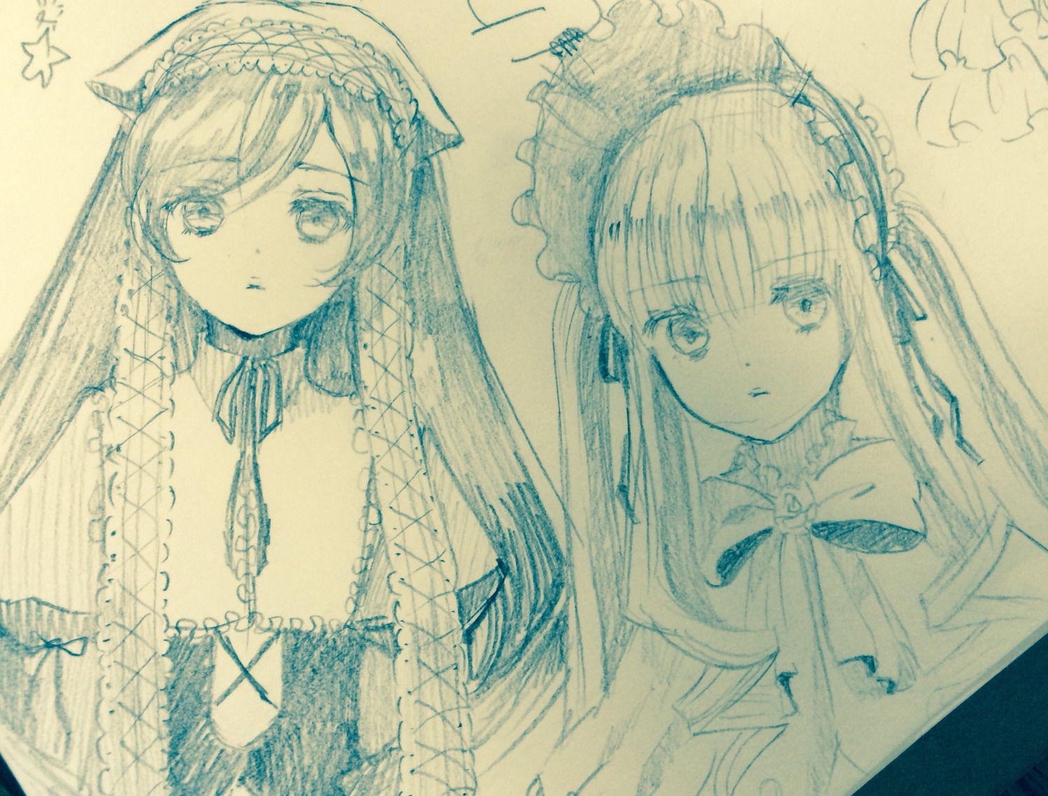 2girls bangs eyebrows_visible_through_hair hair_between_eyes image long_hair long_sleeves looking_at_viewer monochrome pair parted_lips shinku simple_background suiseiseki traditional_media