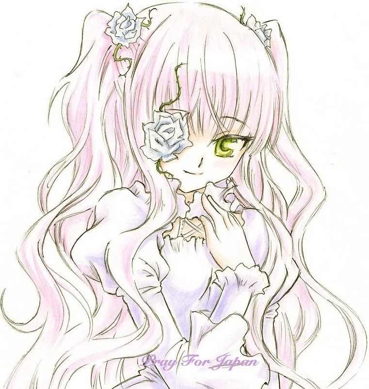 1girl dress flower gradient_hair hair_flower hair_ornament hijiri_byakuren image juliet_sleeves kirakishou long_hair long_sleeves looking_at_viewer multicolored_hair pink_hair puffy_sleeves rose smile solo traditional_media two_side_up upper_body white_rose