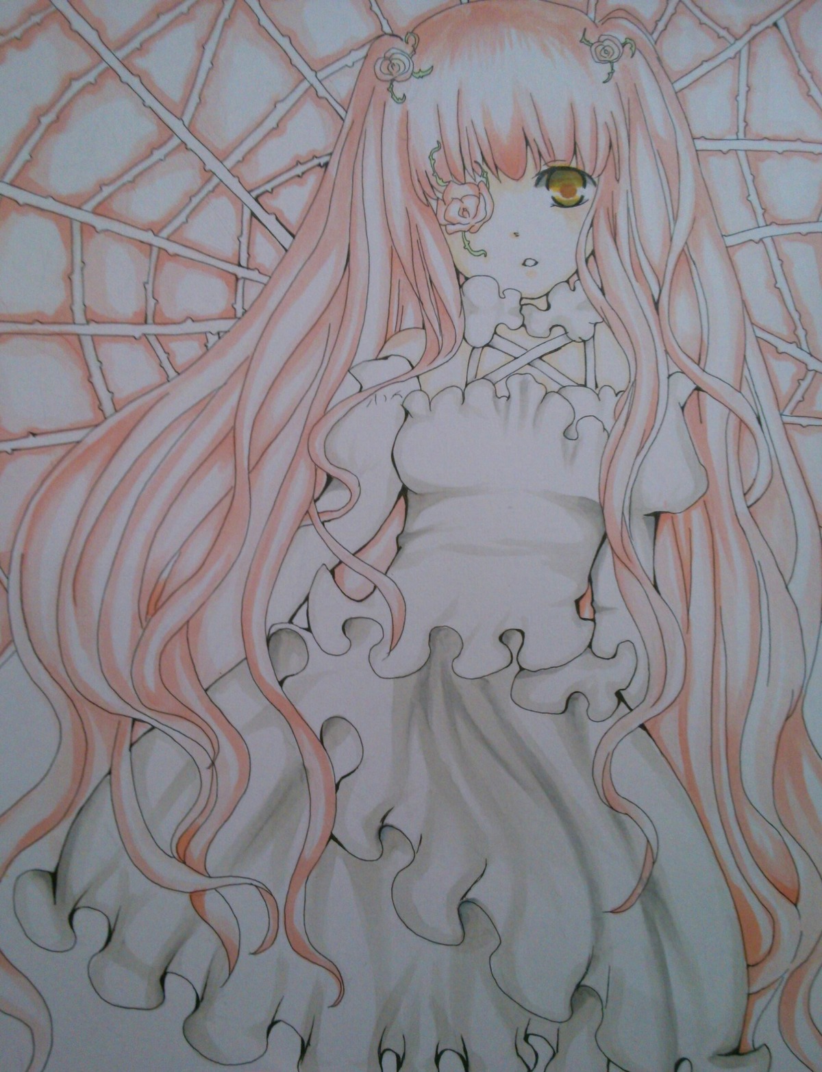 1girl dress eyepatch flower frills image kirakishou long_hair pink_hair rose solo traditional_media two_side_up very_long_hair yellow_eyes