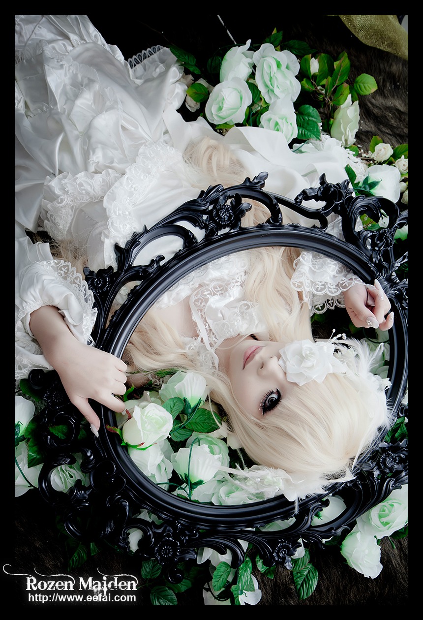 1girl black_border blonde_hair blue_eyes dress flower kirakishou lace letterboxed lips lolita_fashion pillarboxed rose solo white_dress white_flower white_rose