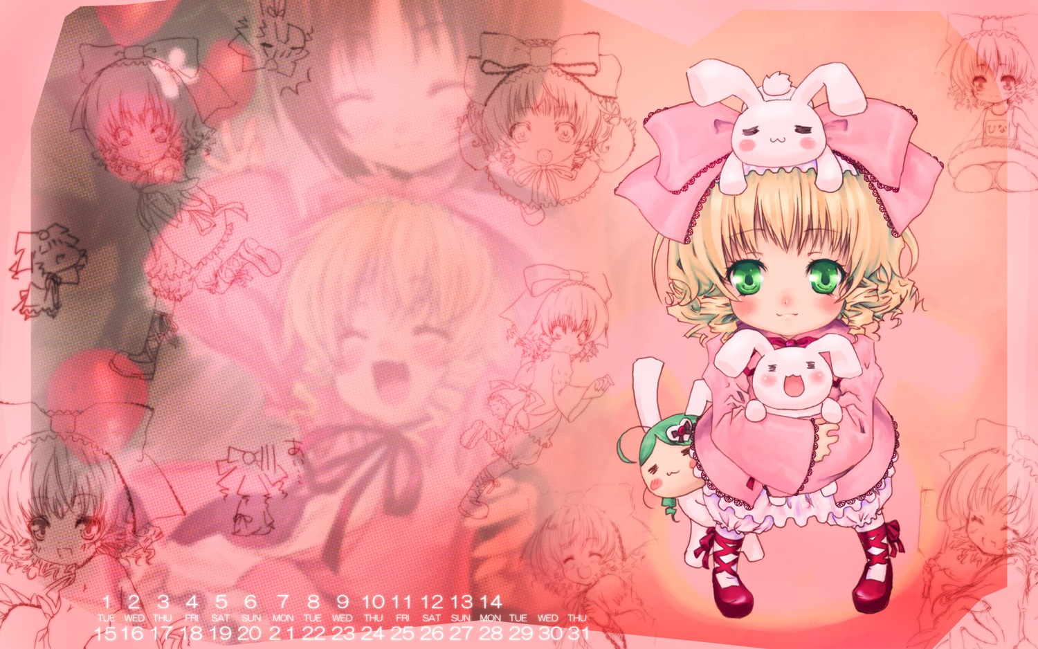 1girl :d bangs blonde_hair blush bow closed_eyes closed_mouth dress eyebrows_visible_through_hair frills hinaichigo holding image open_mouth pink_dress puffy_short_sleeves puffy_sleeves shoes short_sleeves smile solo stuffed_animal stuffed_bunny white_legwear