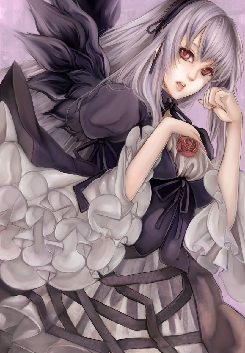 1girl bad_id bad_pixiv_id black_ribbon black_wings dress flower frills hairband image katsu_ryouji lolita_fashion long_hair long_sleeves looking_at_viewer open_mouth pink_eyes puffy_sleeves purple_eyes ribbon rose rozen_maiden silver_hair solo suigintou wings