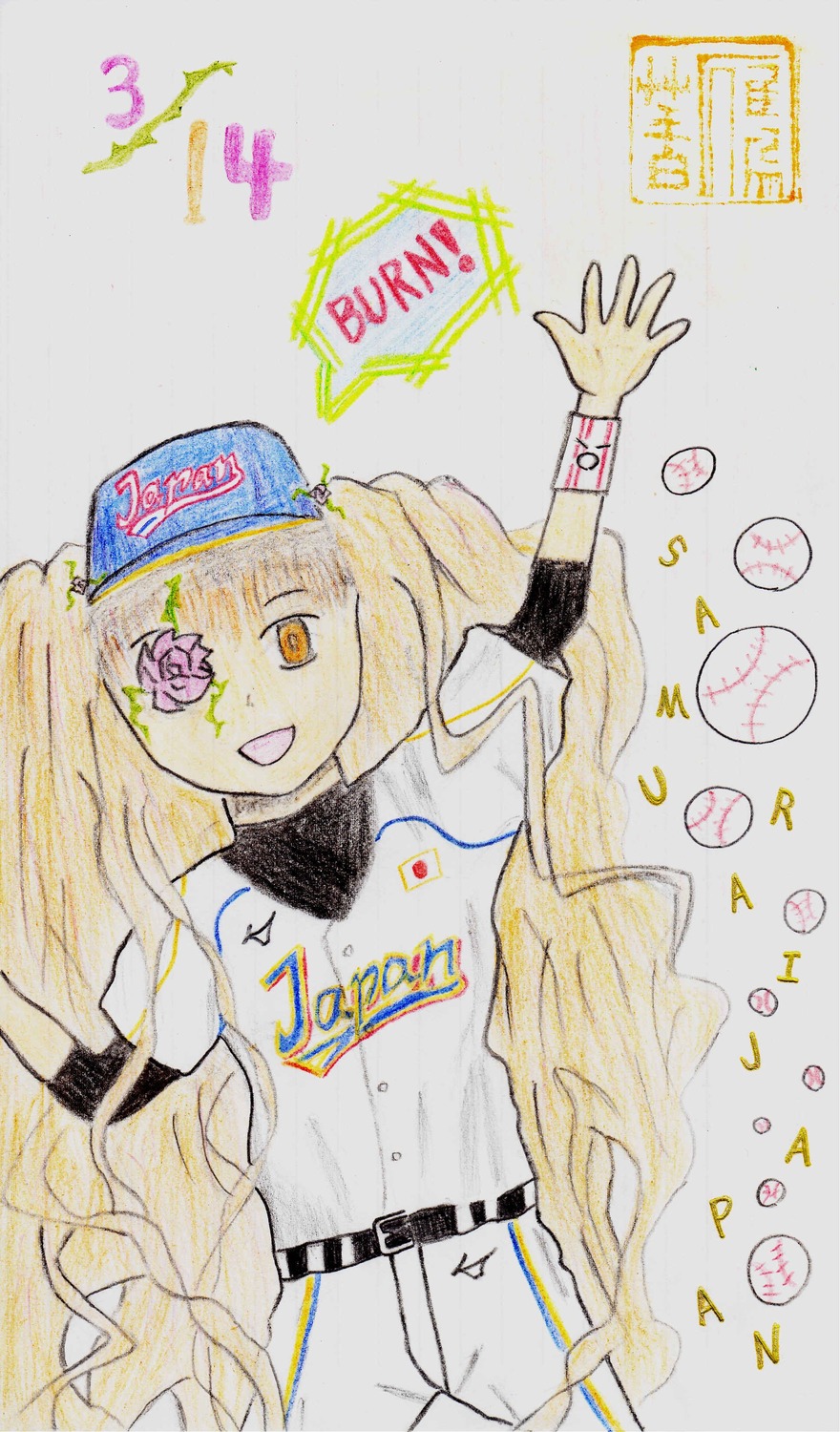 1girl ball baseball_cap baseball_uniform belt blonde_hair clothes_writing flower hat image kirakishou long_hair open_mouth shorts smile solo sportswear traditional_media