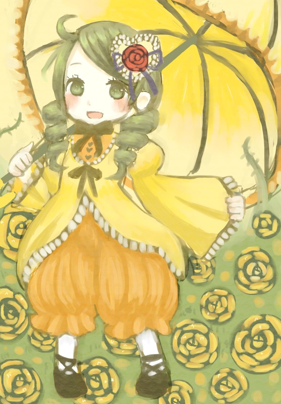1girl dress drill_hair flower frills green_eyes green_hair hair_ornament image kanaria long_hair long_sleeves open_mouth orange_dress pink_rose red_flower red_rose rose smile solo twin_drills umbrella yellow_background yellow_dress yellow_flower yellow_rose
