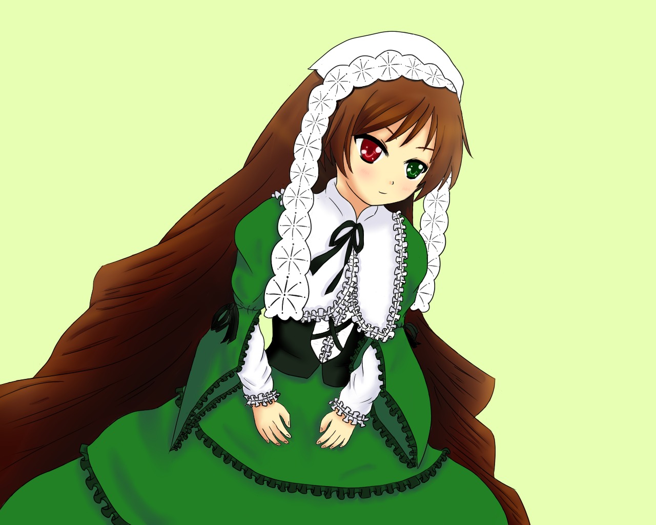 1girl black_ribbon blush brown_hair dress frills green_background green_dress green_eyes heterochromia image long_hair long_sleeves looking_at_viewer red_eyes simple_background solo suiseiseki very_long_hair