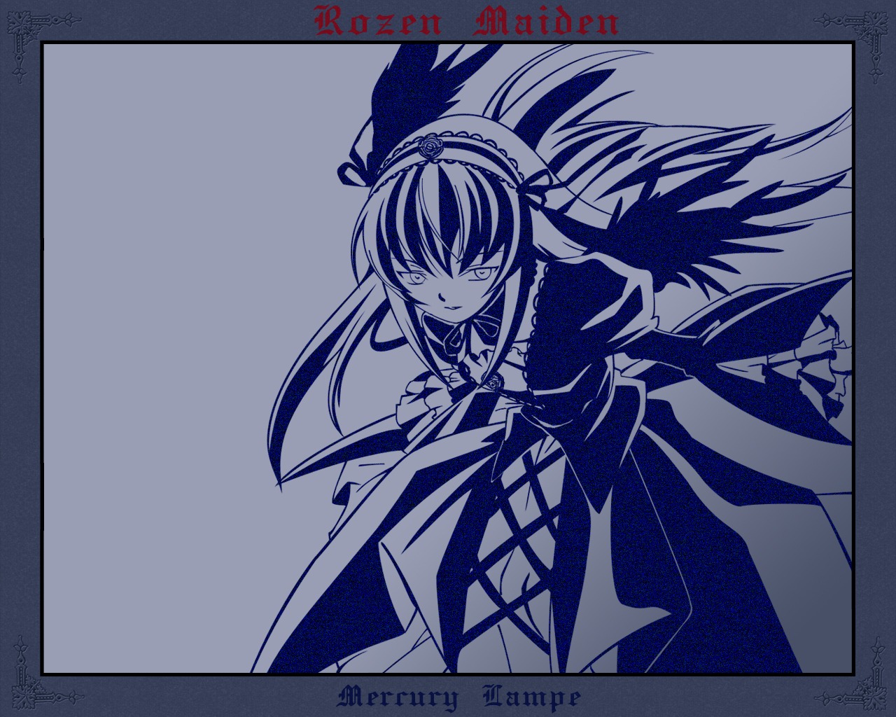 1girl auto_tagged dated dress frilled_sleeves frills hairband image lolita_hairband long_hair long_sleeves looking_at_viewer monochrome simple_background solo suigintou wide_sleeves wings