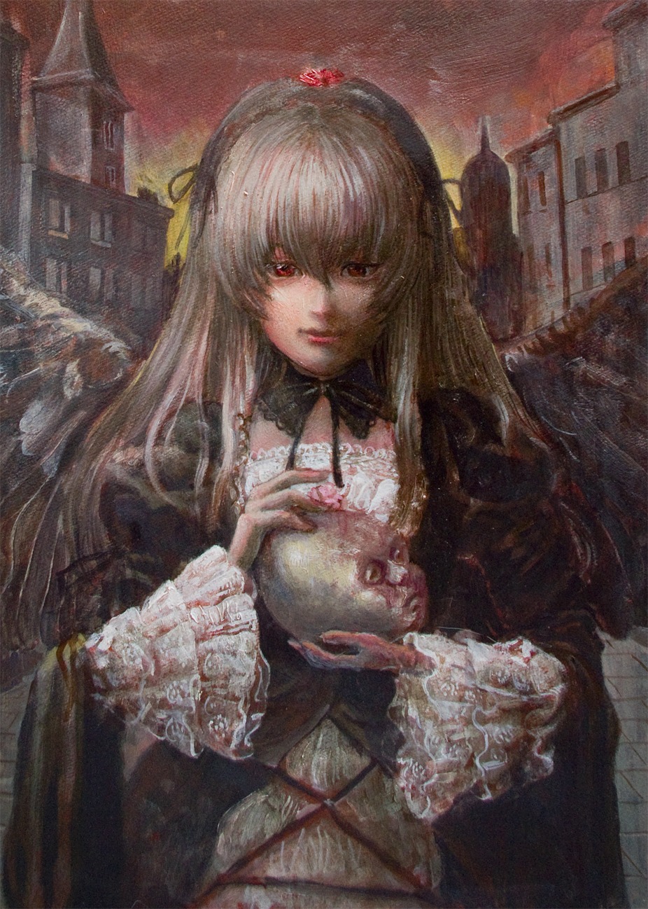 1girl black_dress building city dress flower frills hairband image long_hair long_sleeves looking_at_viewer solo suigintou very_long_hair