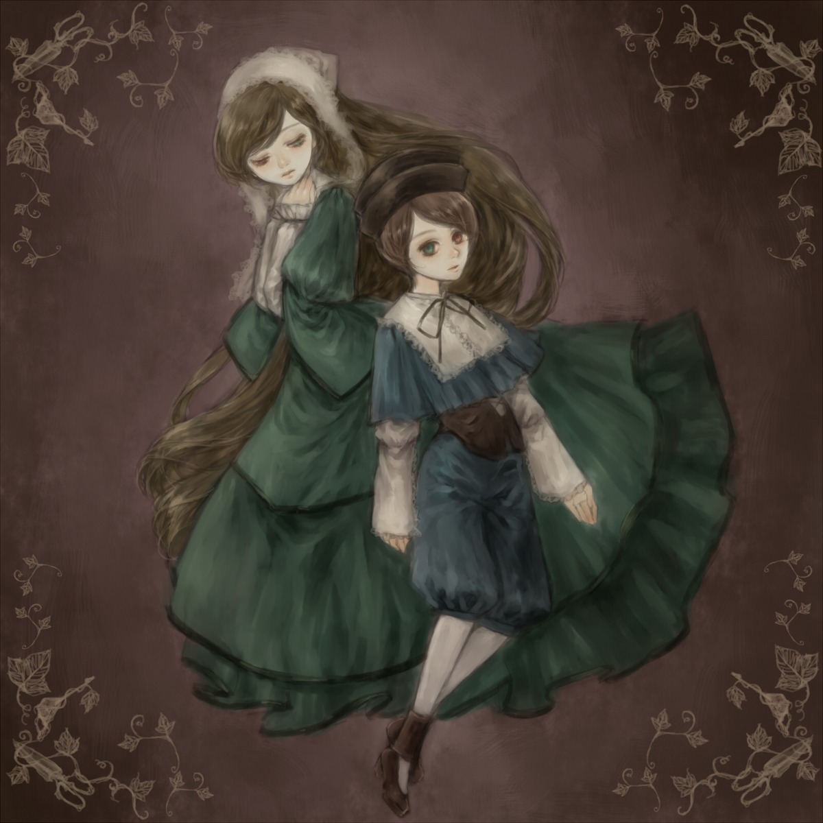 2girls auto_tagged blue_dress brown_background brown_hair commentary_request dress frills green_dress green_eyes hairband hat heterochromia highres image long_hair long_sleeves looking_at_viewer multiple_girls pair pantyhose rozen_maiden short_hair siblings sisters souseiseki suiseiseki twins very_long_hair yukishiro_(hitsuji)