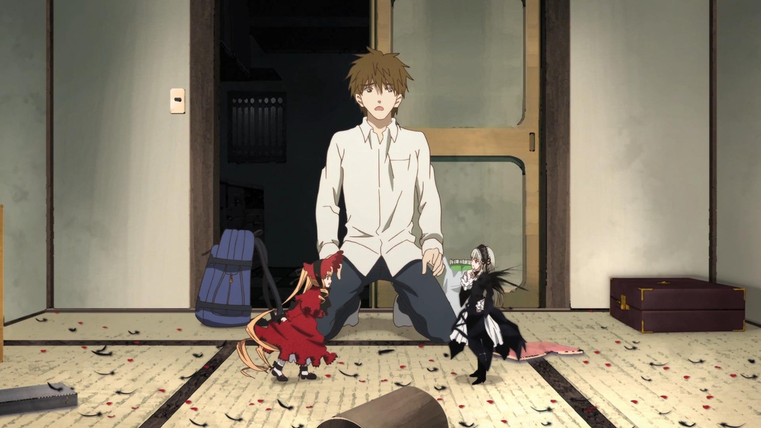 1boy 2boys bag black_hair black_pants emiya_shirou image indoors long_hair pair pants sakurada_jun school_bag shinku shirt sitting suigintou tatami white_shirt