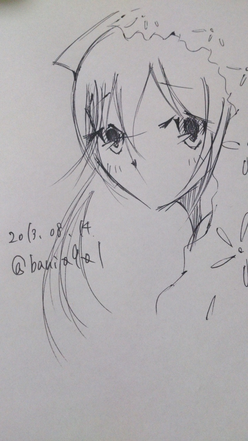 1girl bangs closed_mouth dated eyebrows_visible_through_hair greyscale hair_between_eyes image long_hair looking_at_viewer monochrome signature solo suiseiseki traditional_media white_background
