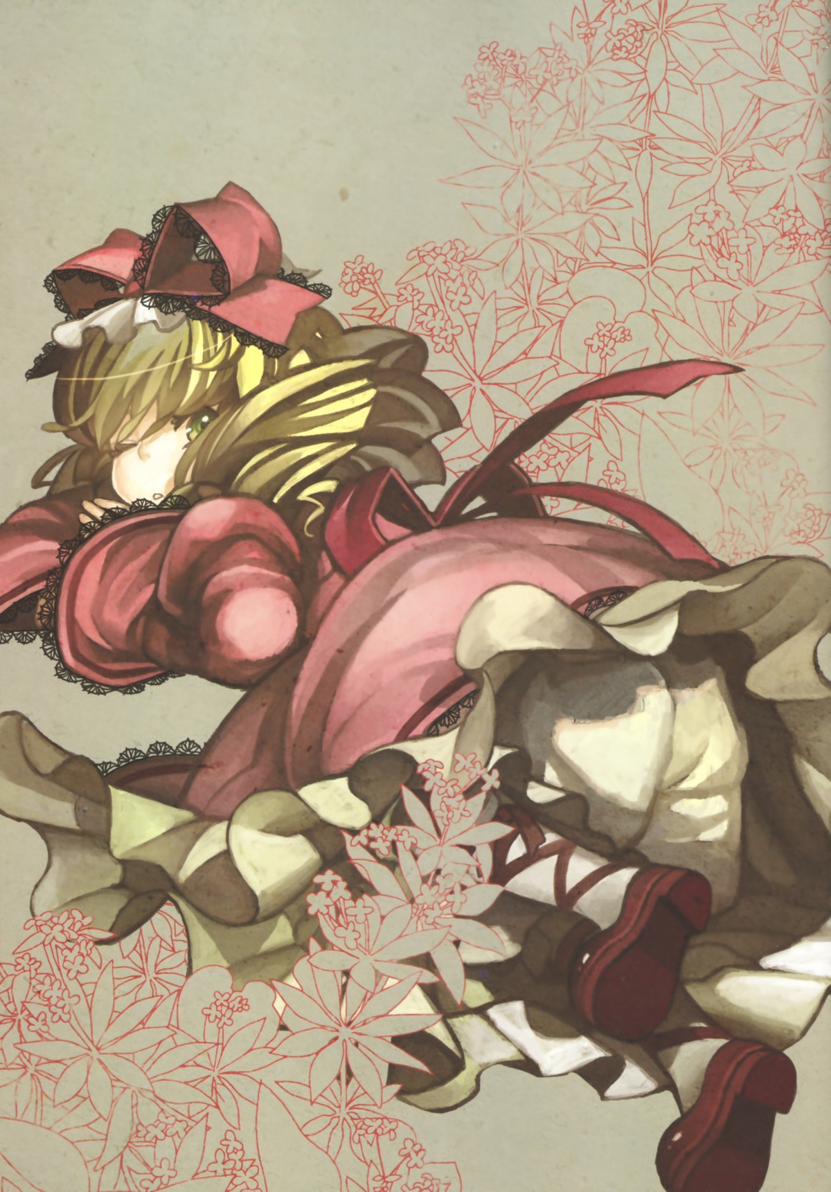 1girl absurdres blonde_hair bloomers bow dress drill_hair flower frills green_eyes green_hair hair_bow highres hina_ichigo hinaichigo image kagiyama_hina looking_at_viewer lying pink_bow red_dress ribbon rozen_maiden scan shoes solo wada_arco