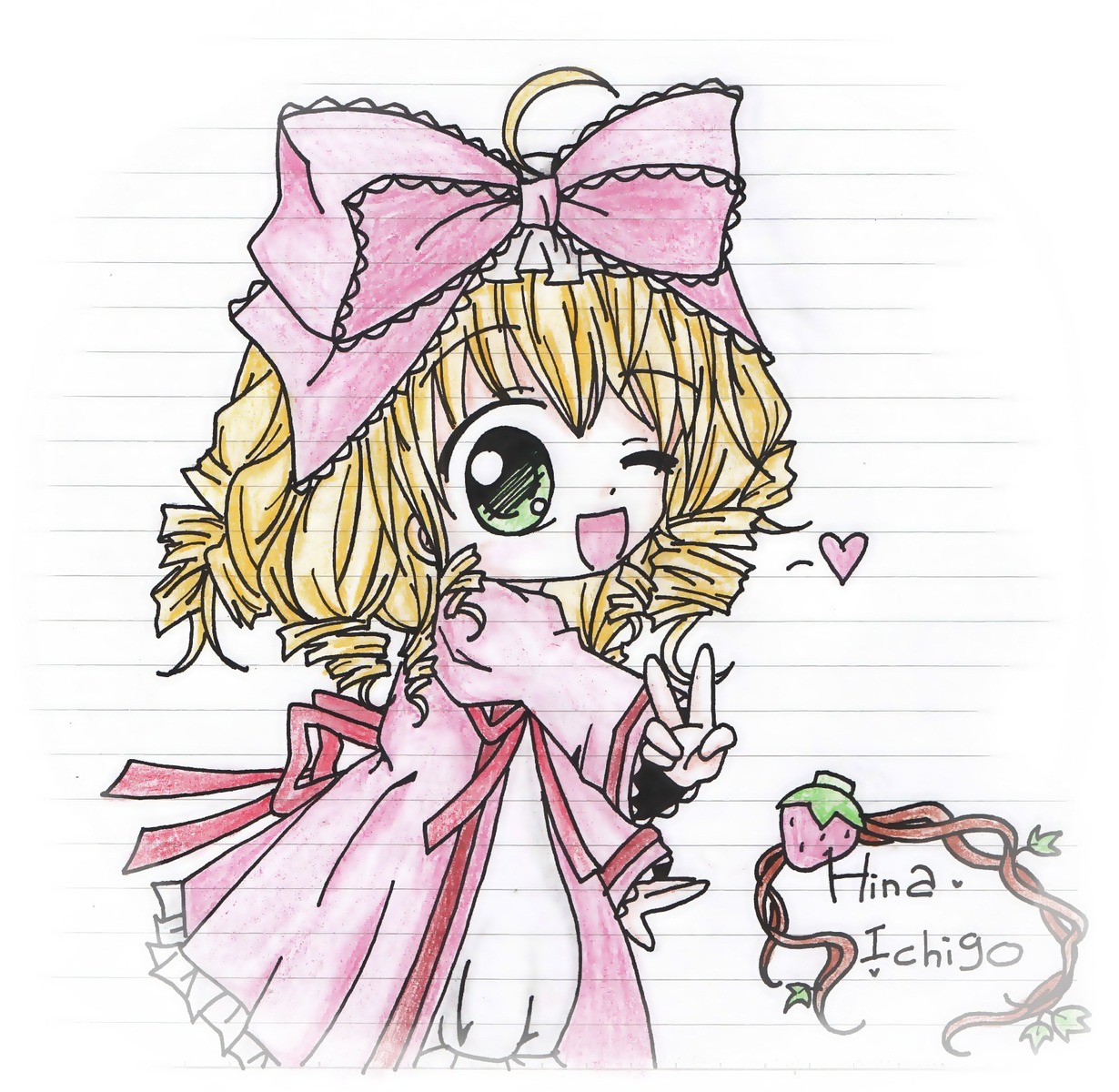 1girl ;d blonde_hair bow dress drill_hair green_eyes heart hina_ichigo hinaichigo image long_sleeves looking_at_viewer one_eye_closed open_mouth pink_bow pink_dress rain smile solo v