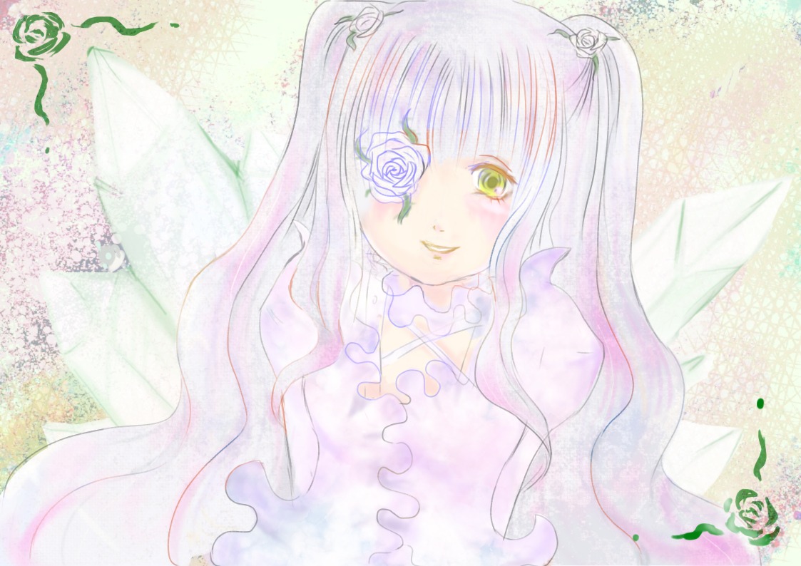 1girl blush dress eyepatch flower hair_flower hair_ornament image kirakishou long_hair rose smile solo traditional_media veil