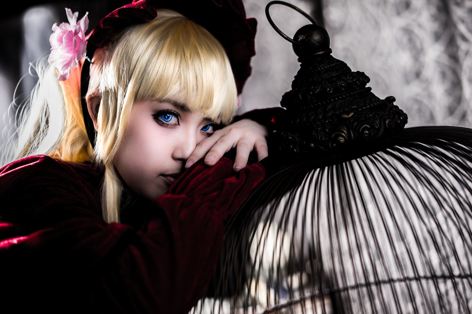 1girl bangs blonde_hair blue_eyes flower hair_ornament lips long_hair looking_at_viewer portrait realistic shinku solo