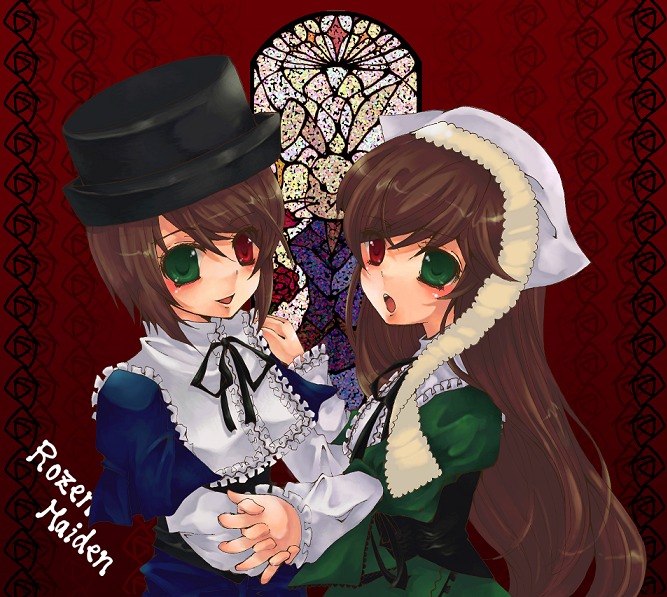 2girls brown_hair dress frills green_dress green_eyes hat head_scarf heterochromia holding_hands image long_hair long_sleeves looking_at_viewer multiple_girls open_mouth pair red_eyes short_hair siblings sisters smile souseiseki suiseiseki twins very_long_hair