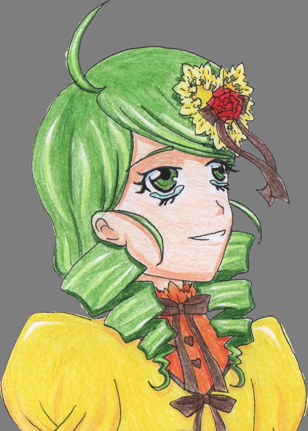 1girl ahoge dress drill_hair flower green_eyes green_hair hair_flower hair_ornament image kanaria puffy_sleeves red_flower red_rose rose short_hair simple_background smile solo striped traditional_media vertical_stripes white_background