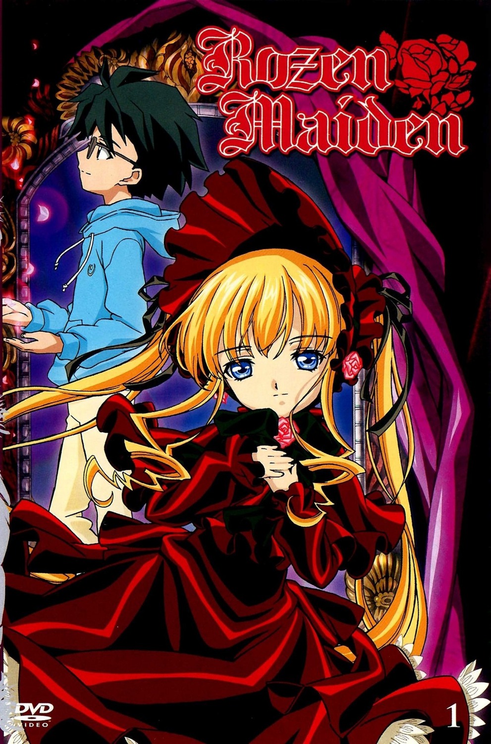 1boy 1girl auto_tagged black_hair blonde_hair blue_eyes bonnet bow copyright_name cover cover_page dress flower frills glasses hood image long_hair long_sleeves looking_at_viewer pants red_dress ribbon rose shinku solo twintails