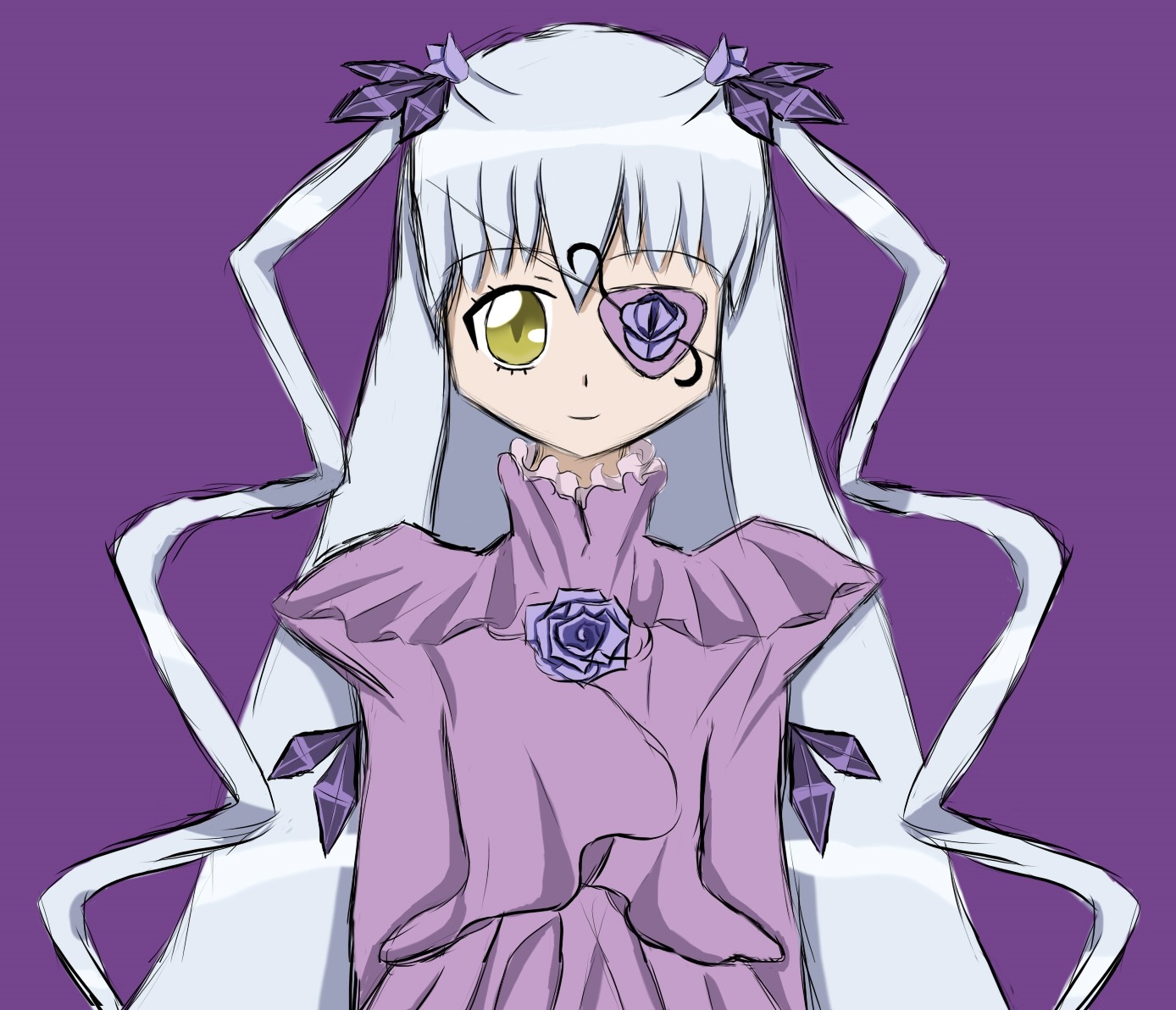 1girl barasuishou blue_flower dress eyepatch flower frills image long_hair long_sleeves looking_at_viewer purple_background purple_flower purple_rose rose silver_hair simple_background smile solo upper_body very_long_hair yellow_eyes