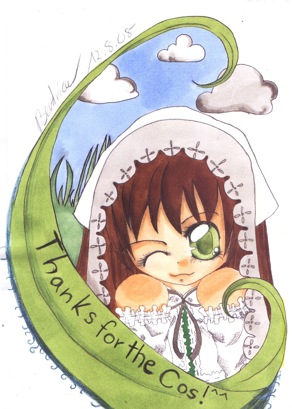 1girl bare_shoulders bridal_veil brown_hair cloud dress green_eyes image looking_at_viewer one_eye_closed smile solo suiseiseki veil wedding_dress