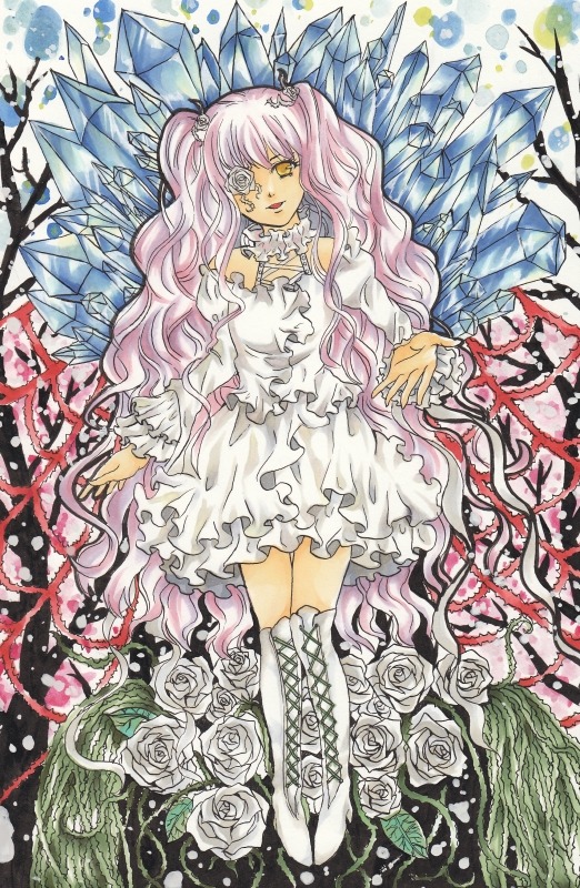 1girl blue_rose dress eyepatch flower frills image kirakishou long_hair pink_flower pink_hair pink_rose purple_rose red_flower red_rose rose smile solo thorns traditional_media very_long_hair vines watercolor_(medium) white_flower white_rose wings yellow_eyes yellow_rose